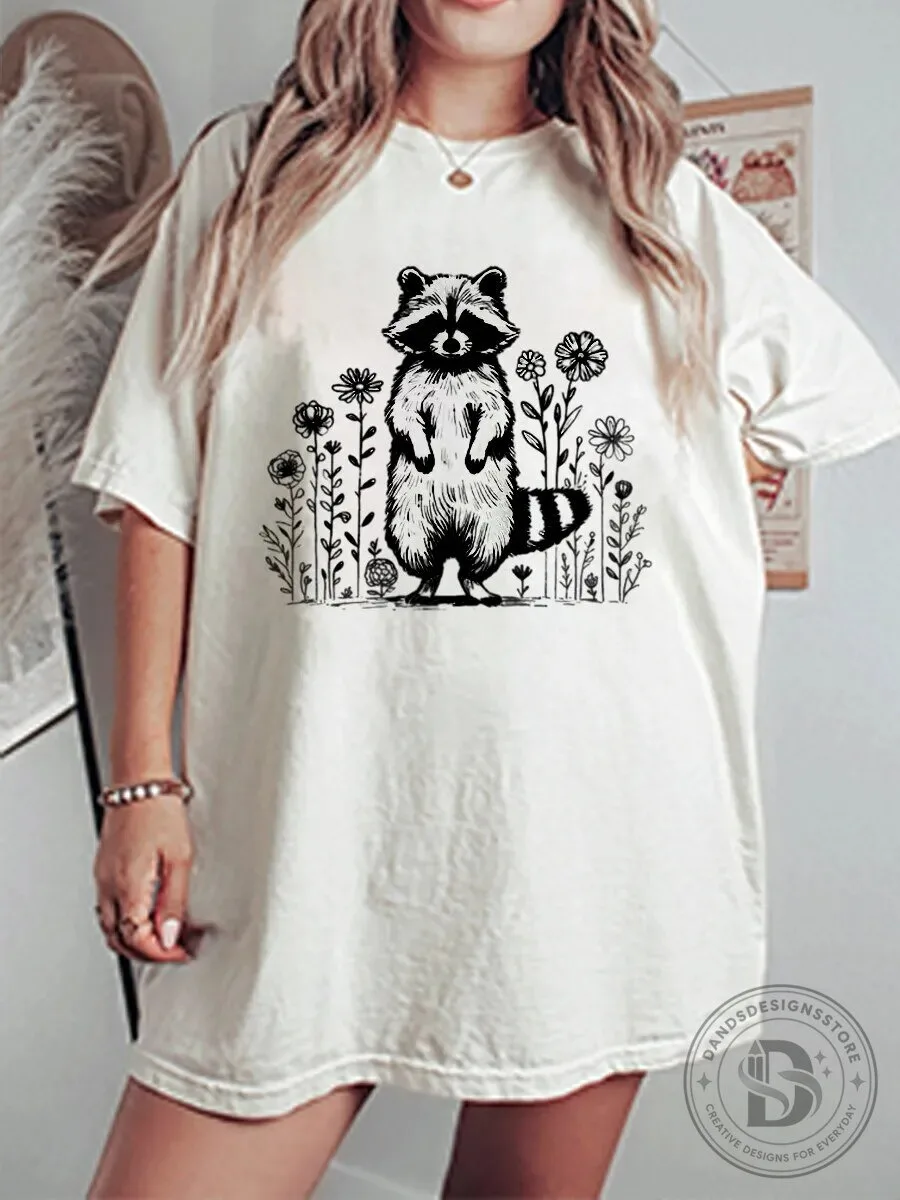 Vintage Raccoon and Floral Oversized Graphic T-Shirt