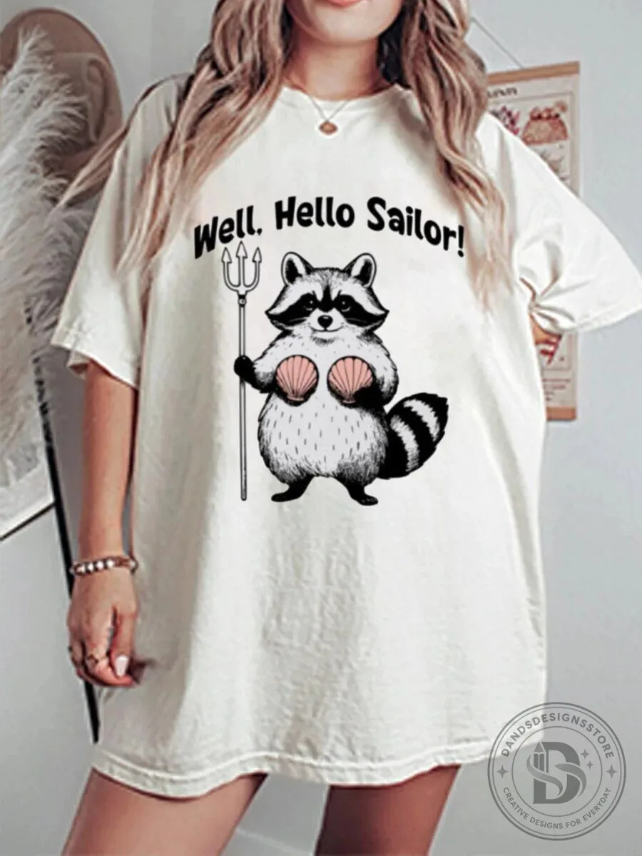 Well Hello Sailor Raccoon Holding Seashells Funny Graphic T-Shirt