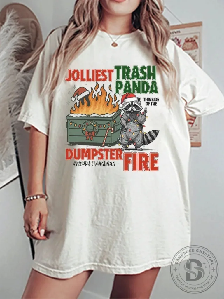 Jolliest Trash Panda Dumpster Fire Funny Christmas Raccoon Graphic T-Shirt