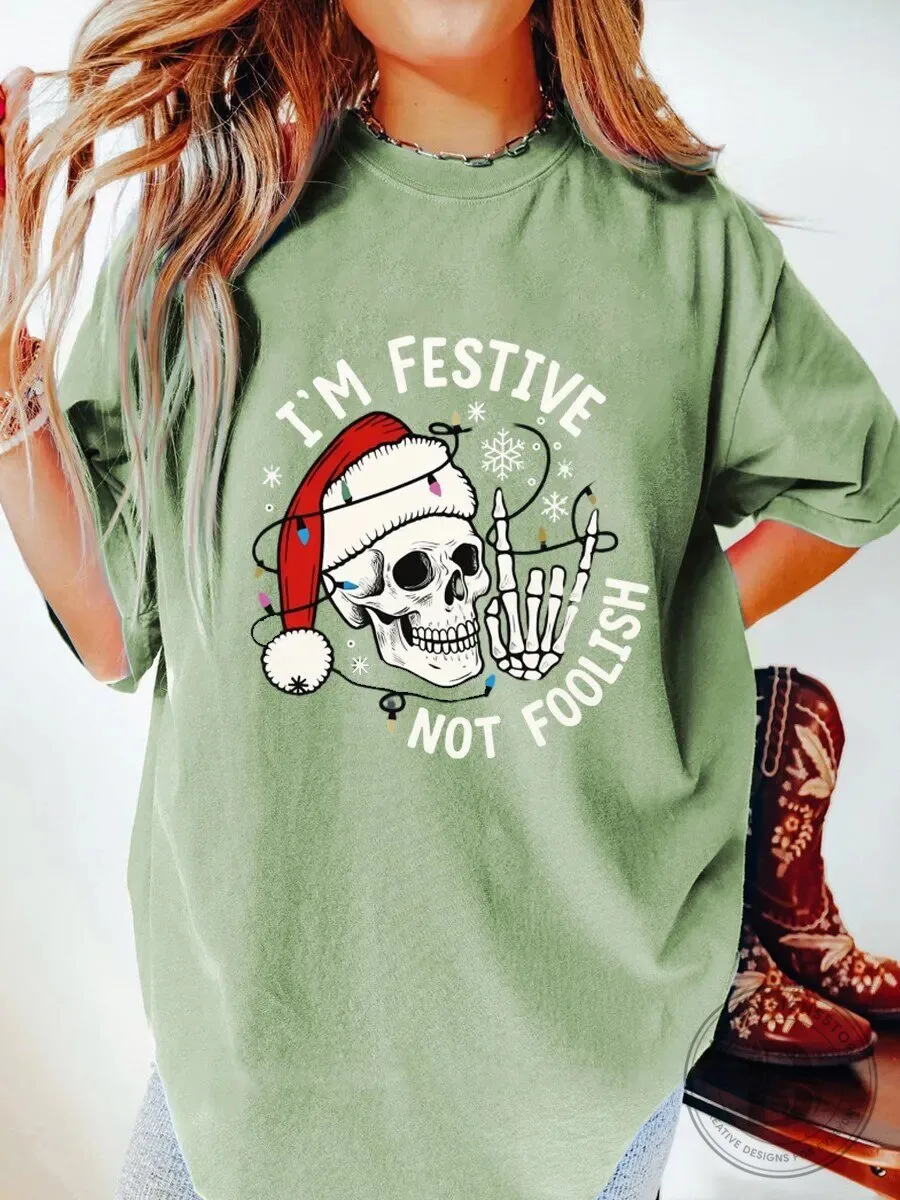 Festive Not Foolish Skeleton Santa Hat Christmas Lights Holiday T-Shirt